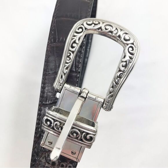 Brighton Black Brown Reptile Embossed Silver Scroll Hardware Reversible Belt - Picture 15 of 16